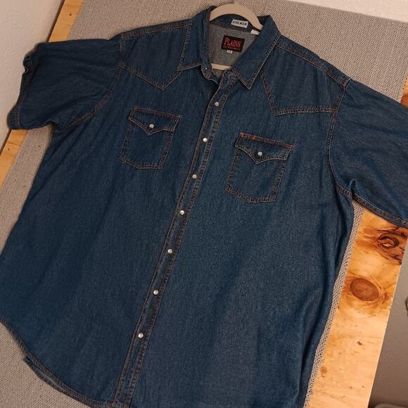 Plains Vintage Western Denim Shirt Men 2X  Blue Pearl Snap Big Mans Short Sleeve - Picture 4 of 15
